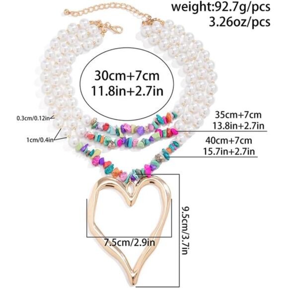 Y2K Pearls & Turquoise Necklace |Chunky Gold Heart Pendant, Long Beaded Layered - Picture 2 of 6